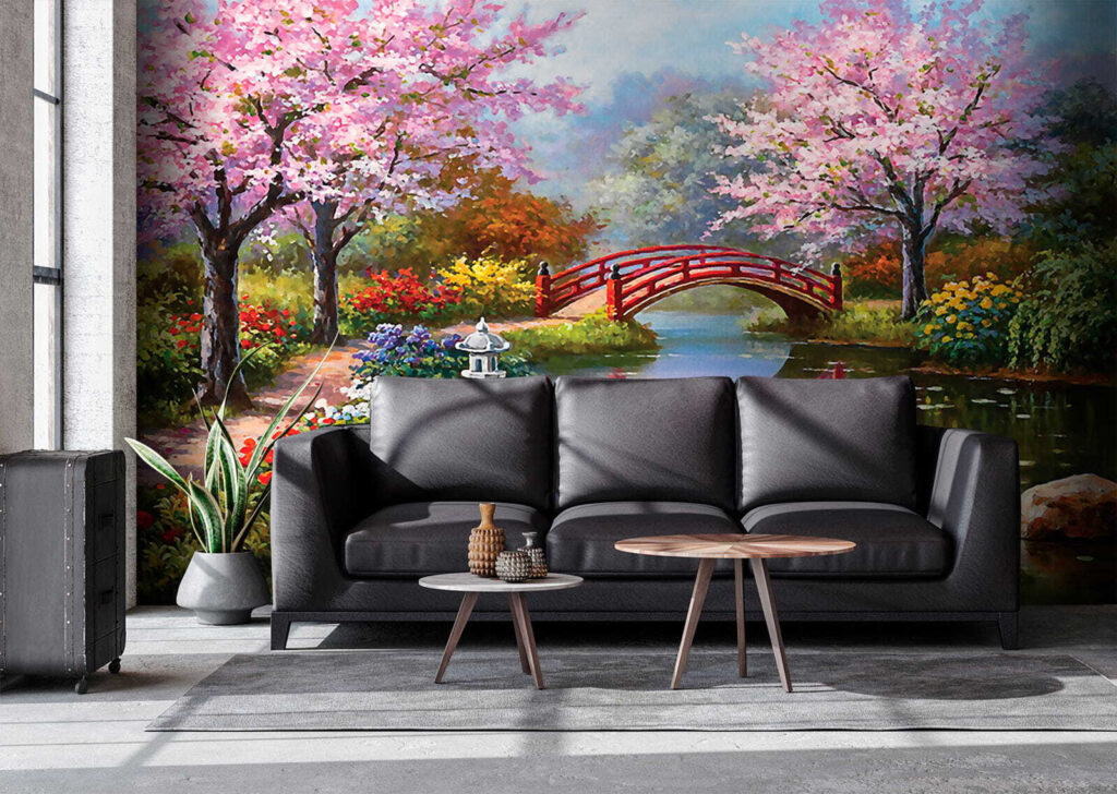 u35418pig4 1024x728 - Painting of a pond with a bridge and flowers