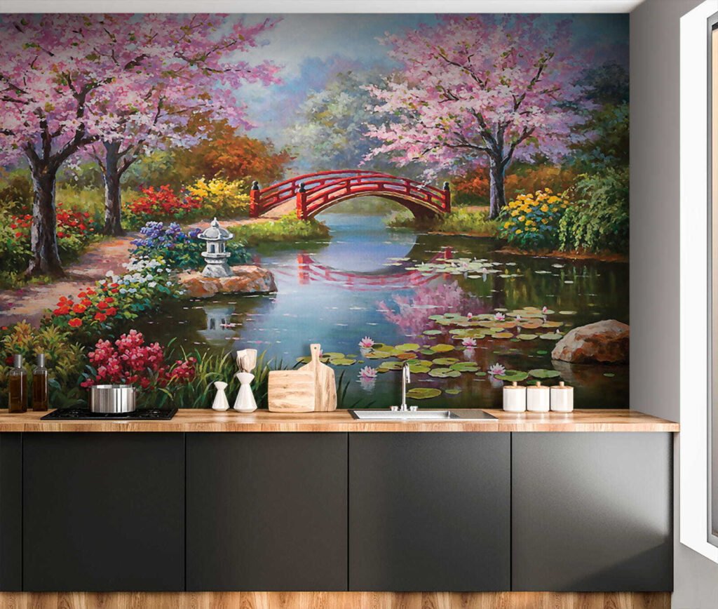 u35418pik3 1024x868 - Painting of a pond with a bridge and flowers