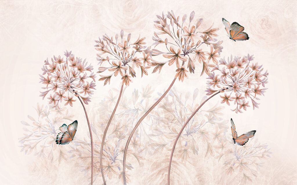 A painting of flowers and butterflies A painting of flowers and butterflies