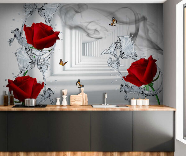 Red roses and butterflies in a glass Red roses and butterflies in a glass