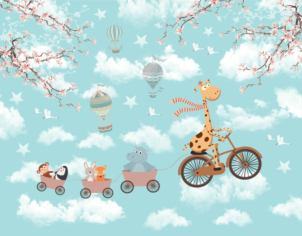 Giraffe riding a bicycle with animals in a train Giraffe riding a bicycle with animals in a train
