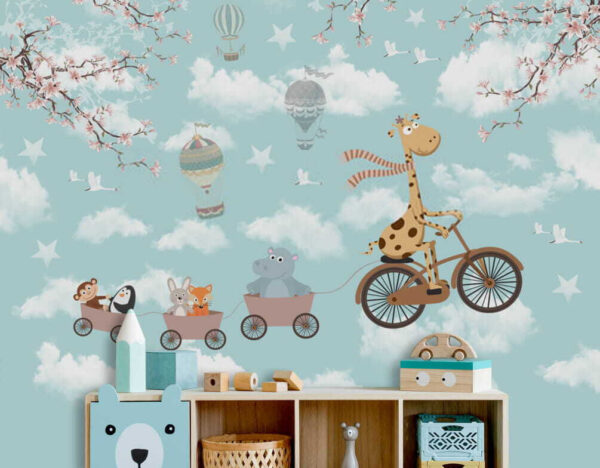 Giraffe riding a bicycle with animals in a train Giraffe riding a bicycle with animals in a train