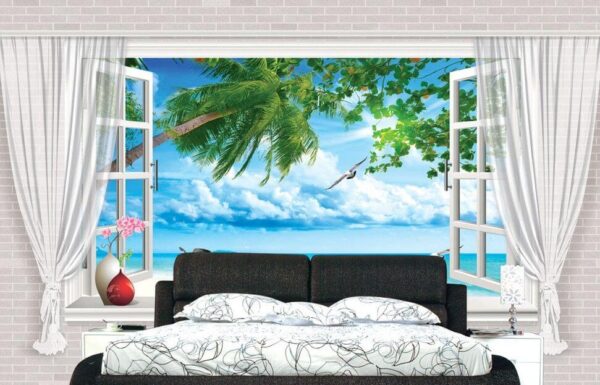 Window with a view of the beach and birds Window with a view of the beach and birds
