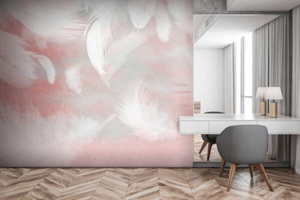 White feathers on a pink background
