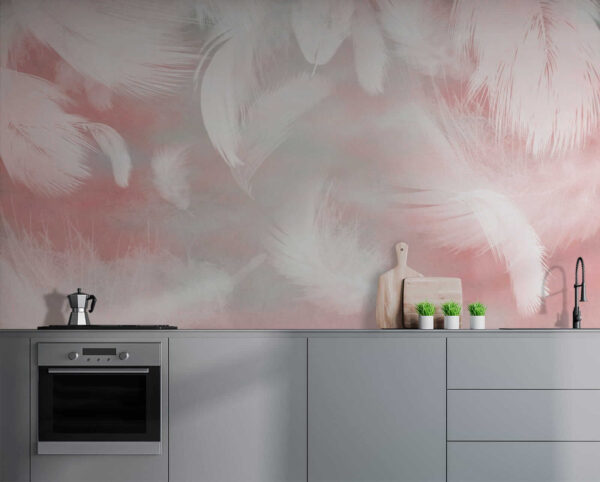 White feathers on a pink background
