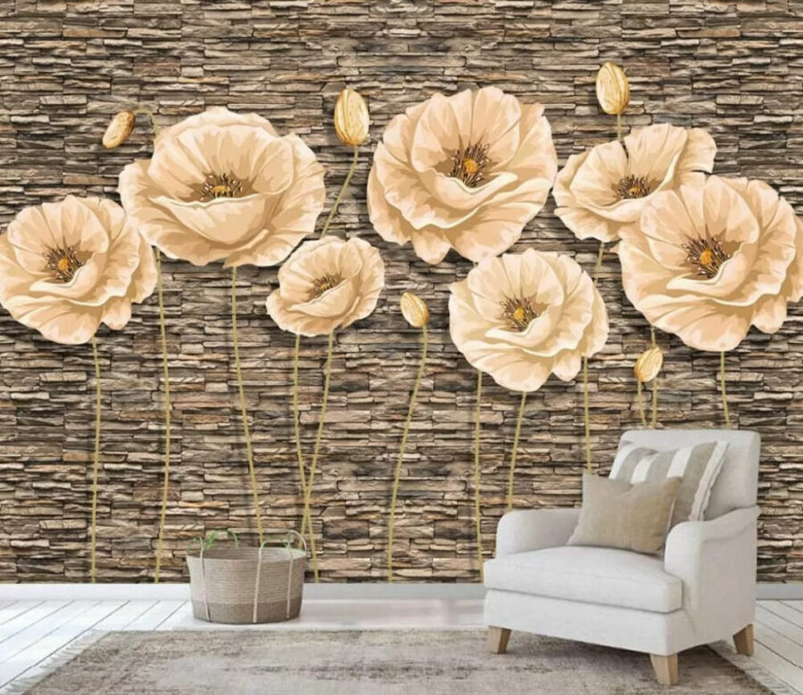 Group of flowers on a brick wall Group of flowers on a brick wall