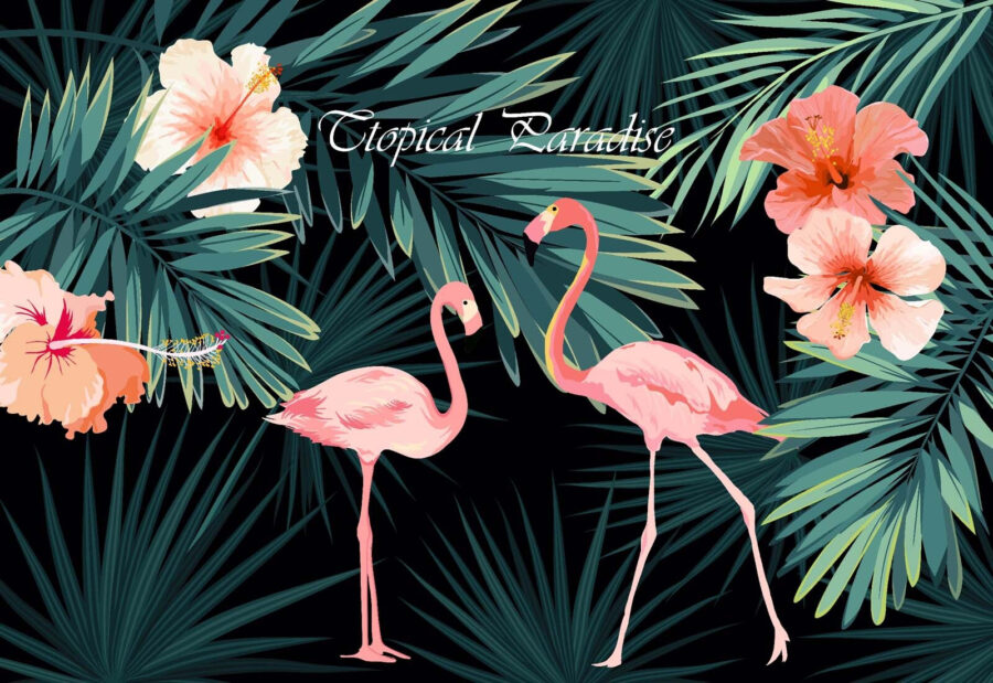 Couple of pink flamingos and flowers