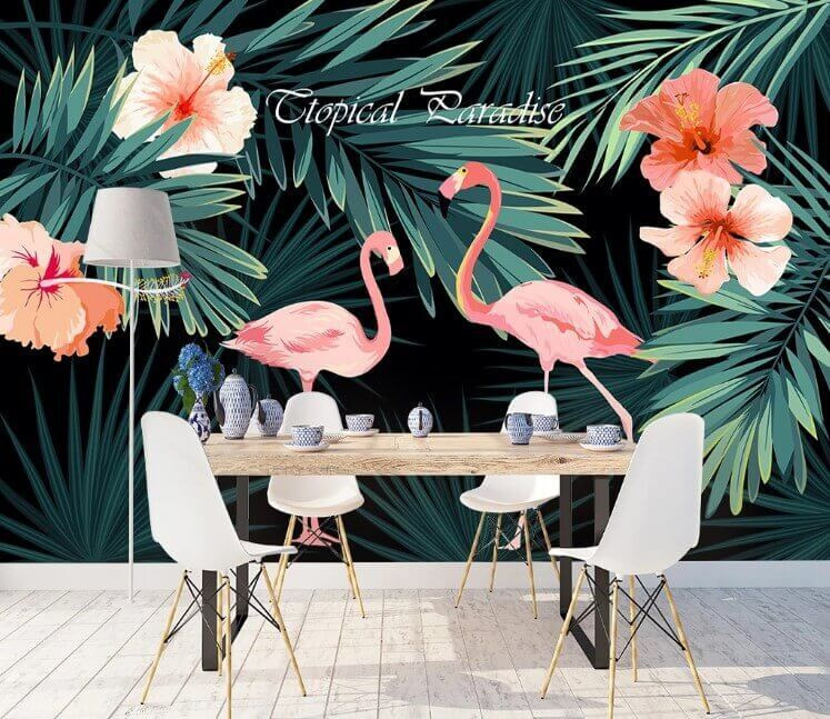 Couple of pink flamingos and flowers