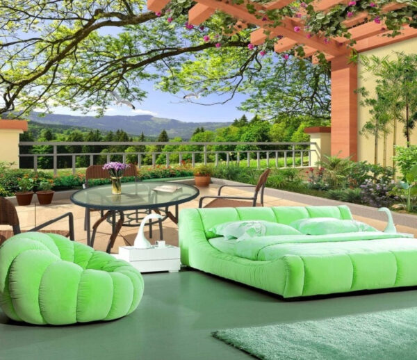 Patio with a table and chairs and a view of a green field Patio with a table and chairs and a view of a green field