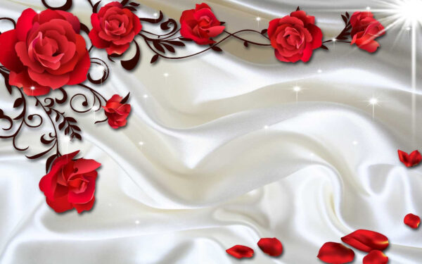 White satin with red roses and petals White satin with red roses and petals