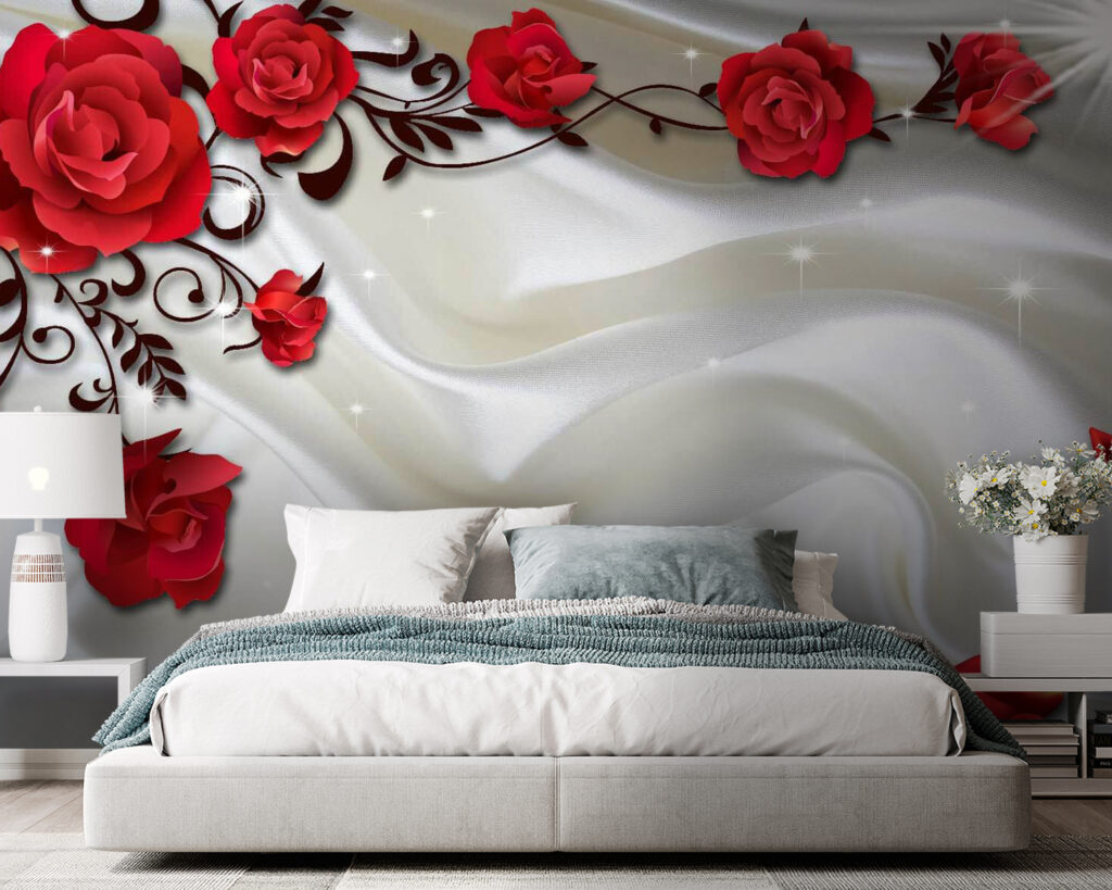 White satin with red roses and petals White satin with red roses and petals