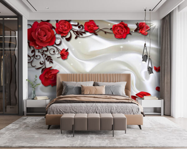 White satin with red roses and petals White satin with red roses and petals