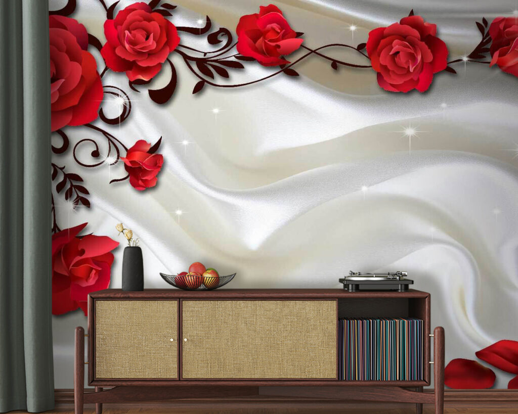 White satin with red roses and petals White satin with red roses and petals