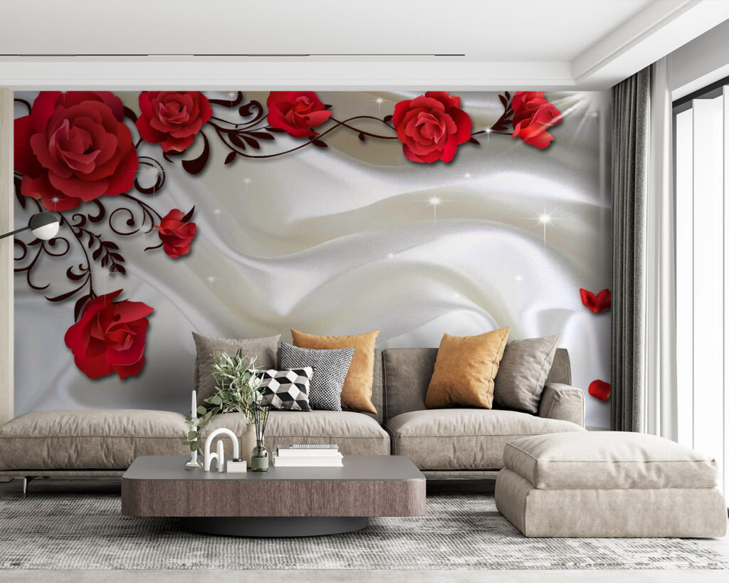 White satin with red roses and petals White satin with red roses and petals