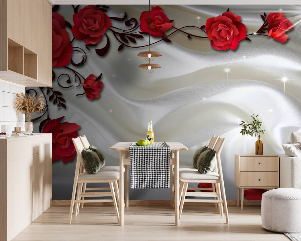 White satin with red roses and petals White satin with red roses and petals