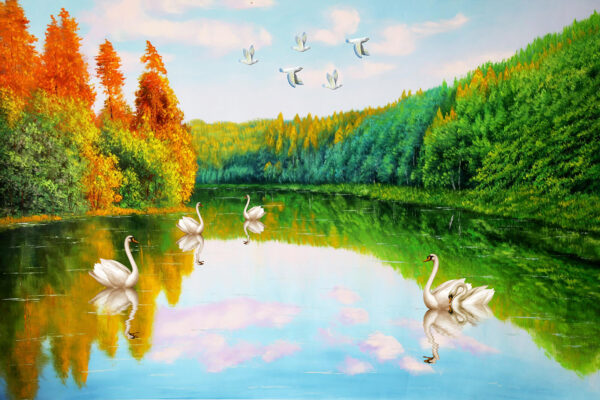 Painting of swans on a lake Painting of swans on a lake
