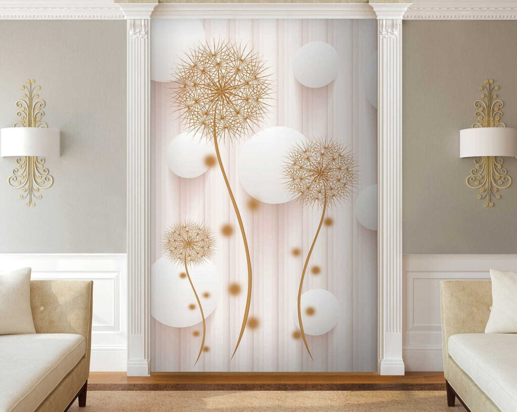 White circles and dandelions on a white background White circles and dandelions on a white background