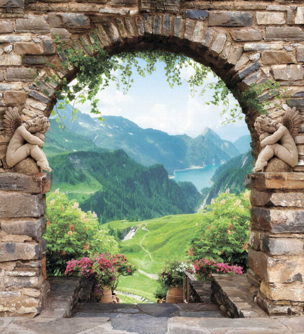 Stone archway with stone statues and a view of a valley and mountains Stone archway with stone statues and a view of a valley and mountains