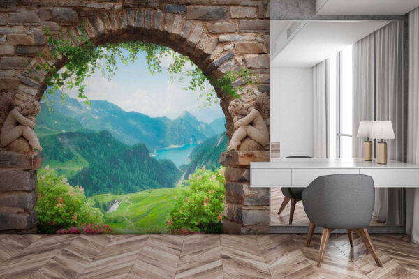 Stone archway with stone statues and a view of a valley and mountains Stone archway with stone statues and a view of a valley and mountains