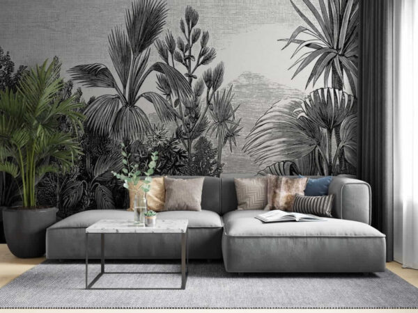 Black and white drawing of a tropical forest Black and white drawing of a tropical forest