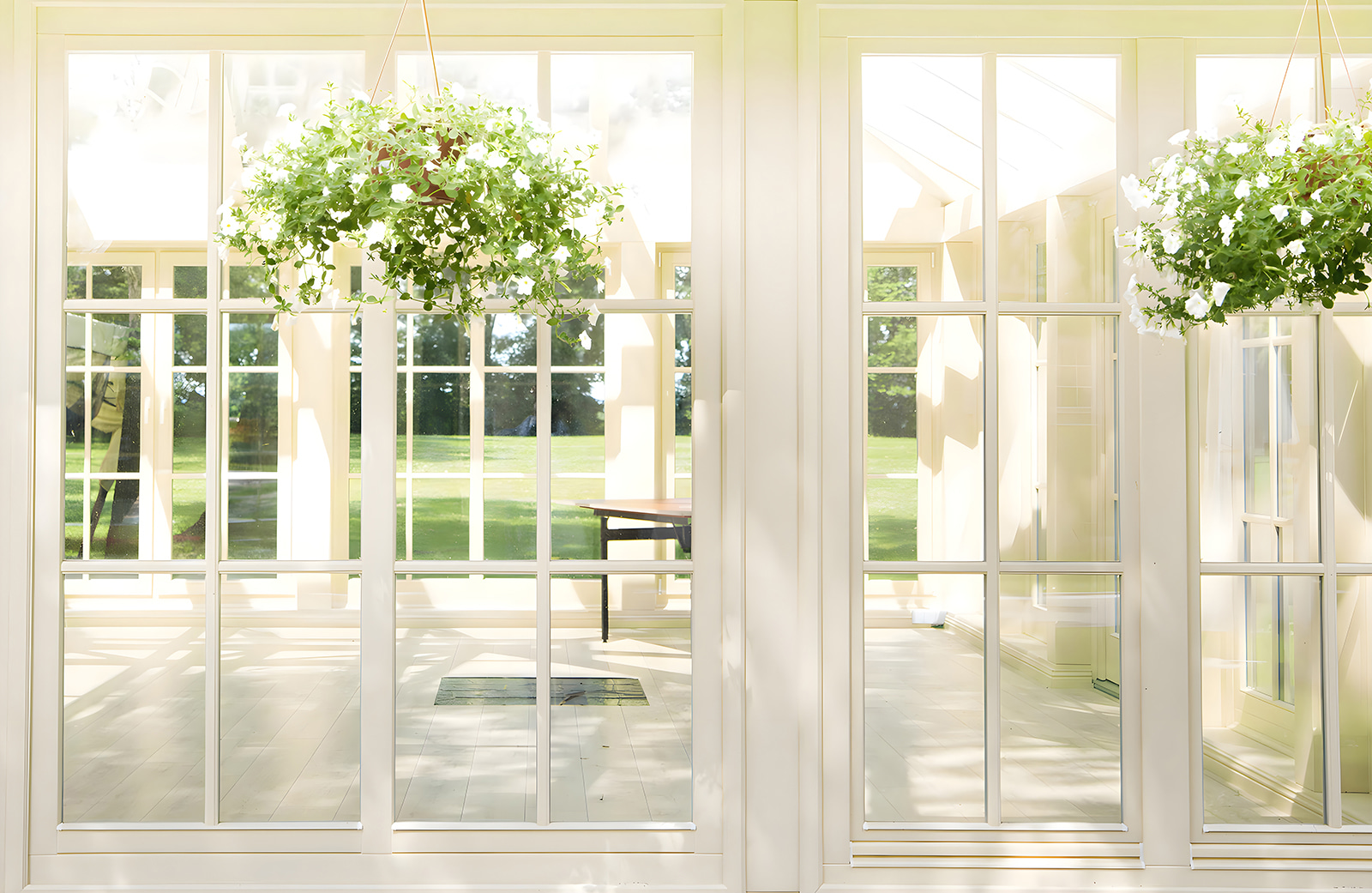 White patio door with glass windows and a potted plant from it u52614p - White patio door with glass windows and a potted plant from it