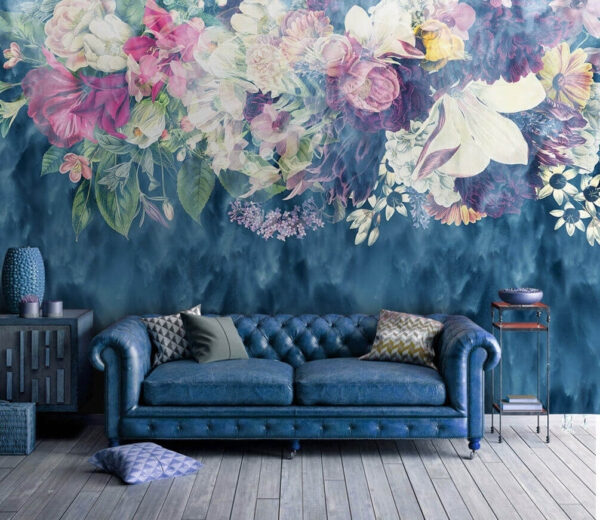 Wall murals Group of flowers in a blue background (SKU: u52616) Wall murals Wall murals Group of flowers in a blue background (SKU: u52616)