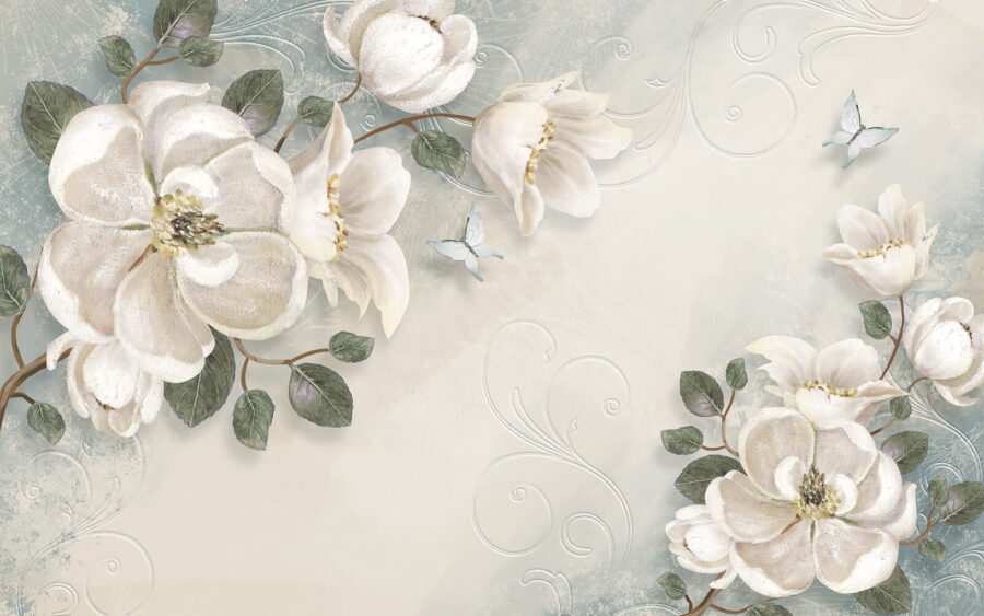 White flowers and leaves on a white background