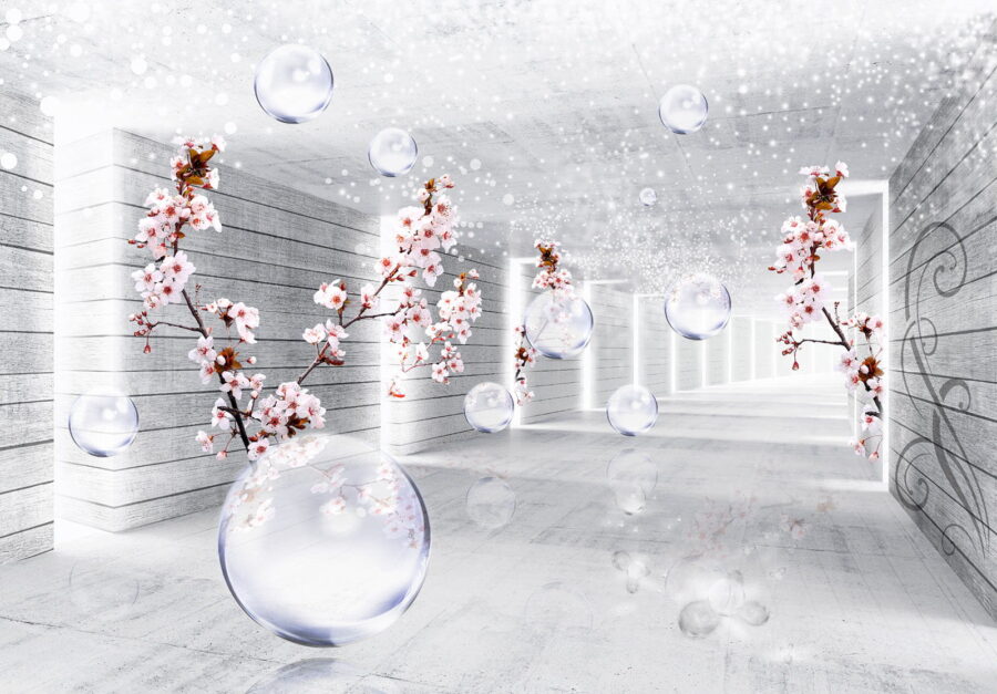 White room with flowers and bubbles