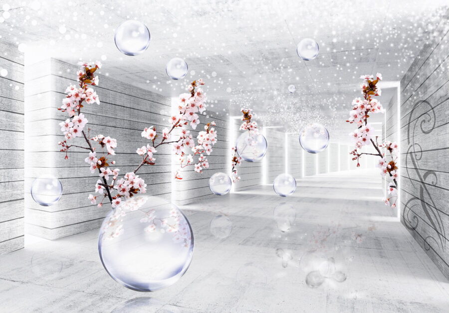 A white room with flowers and bubbles