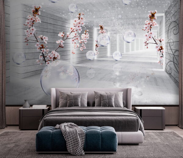White room with flowers and bubbles White room with flowers and bubbles