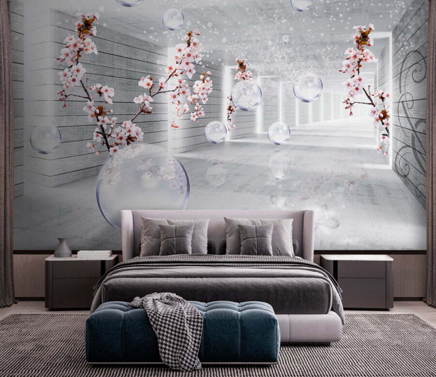 White room with flowers and bubbles