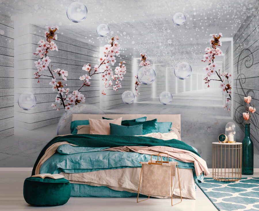 White room with flowers and bubbles