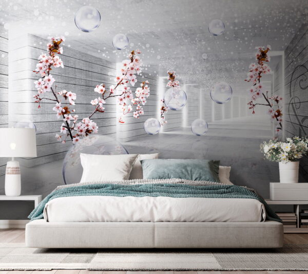 White room with flowers and bubbles White room with flowers and bubbles