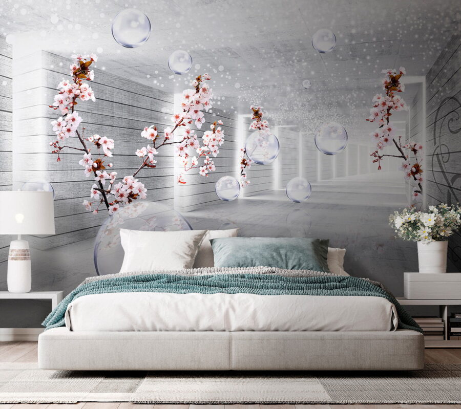 A white room with flowers and bubbles