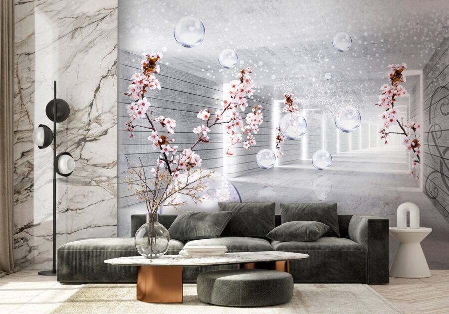White room with flowers and bubbles