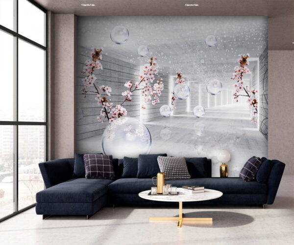 White room with flowers and bubbles White room with flowers and bubbles