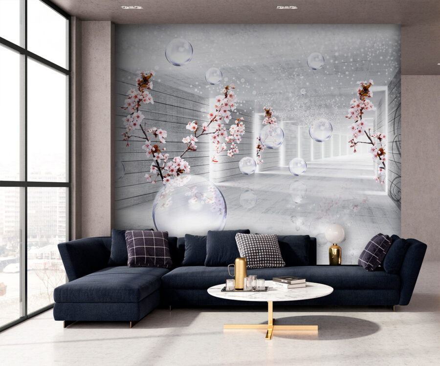 White room with flowers and bubbles