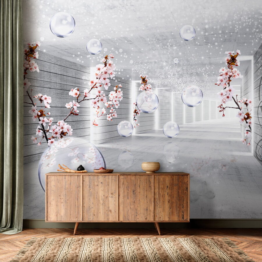 White room with flowers and bubbles
