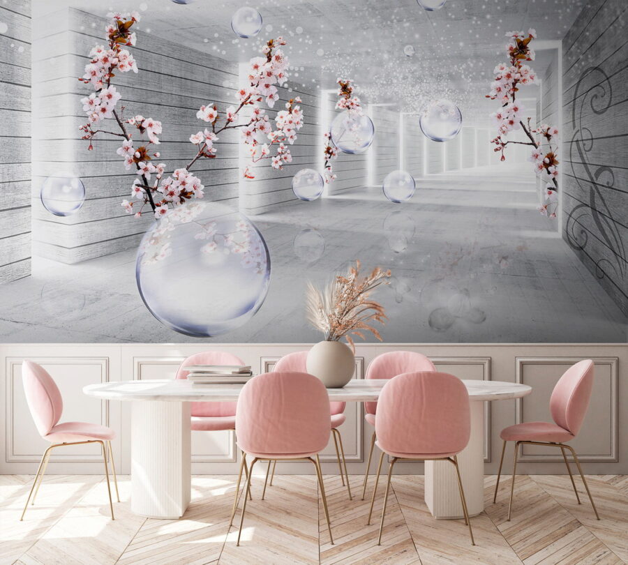 A white room with flowers and bubbles