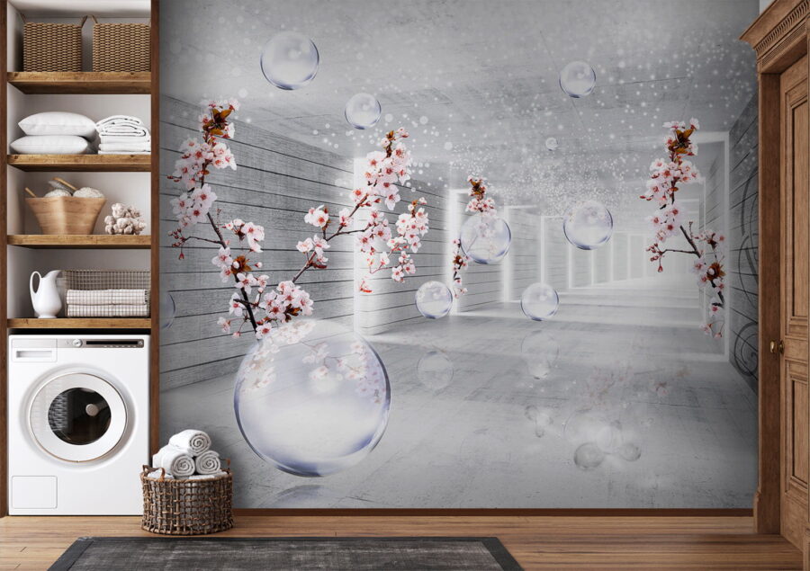 A white room with flowers and bubbles