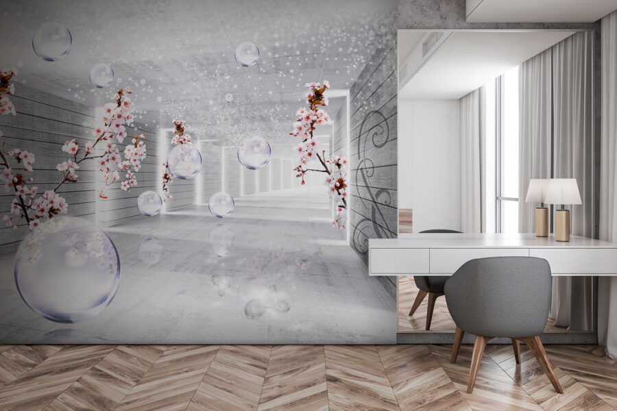White room with flowers and bubbles
