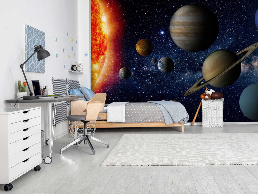 Planets in space with stars and a bright star Planets in space with stars and a bright star