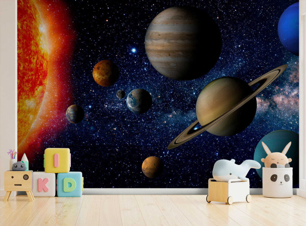 Planets in space with stars and a bright star Planets in space with stars and a bright star