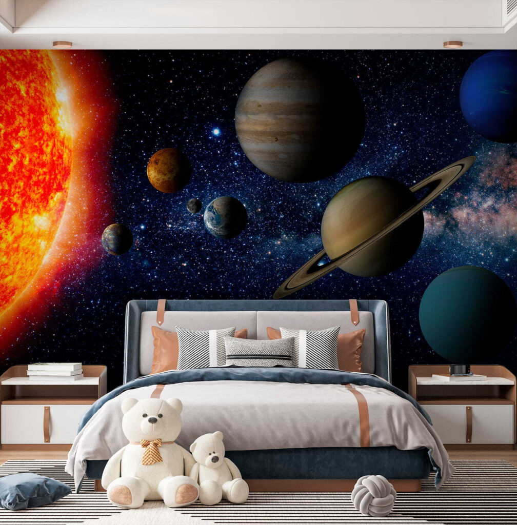 Planets in space with stars and a bright star Planets in space with stars and a bright star