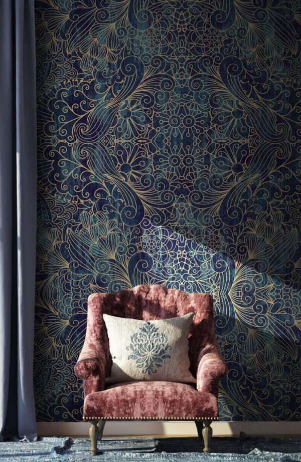 Intricate blue symmetrical floral design. Intricate blue symmetrical floral design.