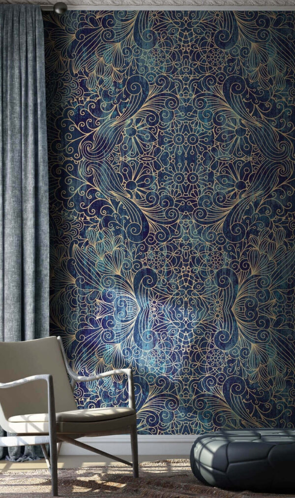 Intricate blue symmetrical floral design. Intricate blue symmetrical floral design.