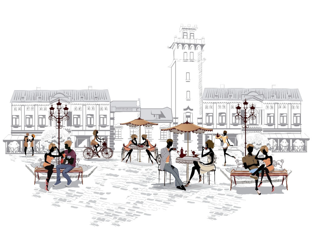 Group of people sitting on benches in a city Group of people sitting on benches in a city