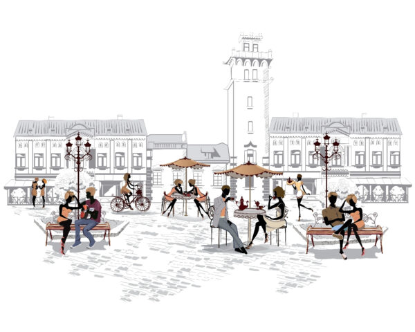 Group of people sitting on benches in a city Group of people sitting on benches in a city