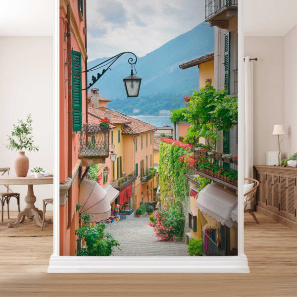 Street with a lamp and flowers on it Street with a lamp and flowers on it