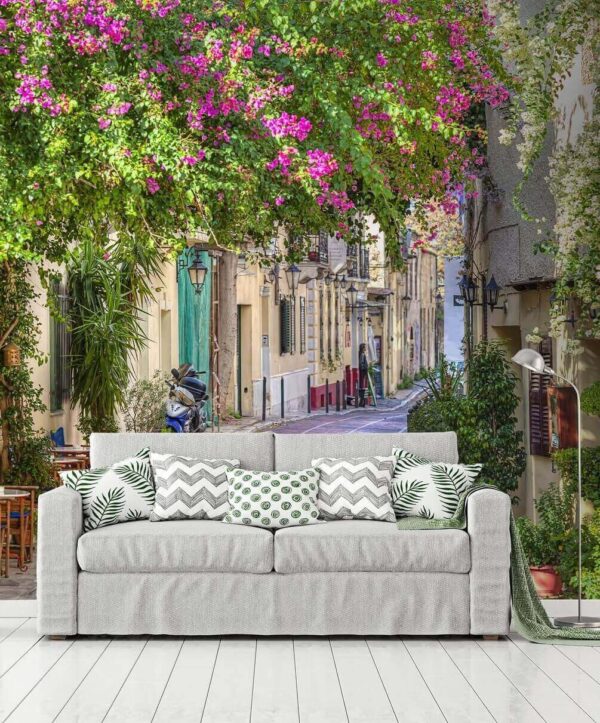 Street with tables and chairs and trees Wall murals Street with tables and chairs and trees